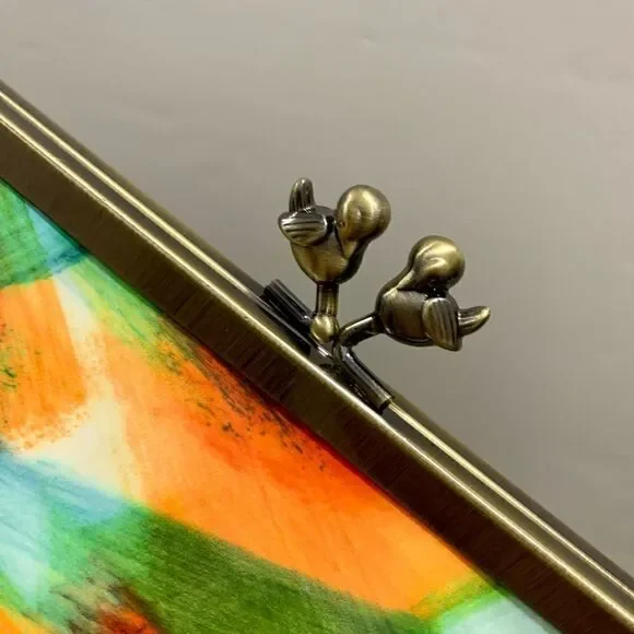 Handmade Genuine Leather Abstract Print “Birds” Kisslock Wristlet/Crossbody - Picture 16 of 17